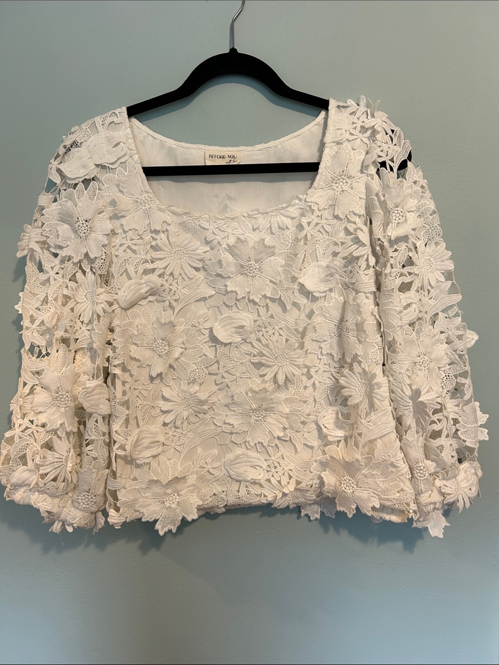 Embroidered Floral Lace White Boxy Crop Blouse
